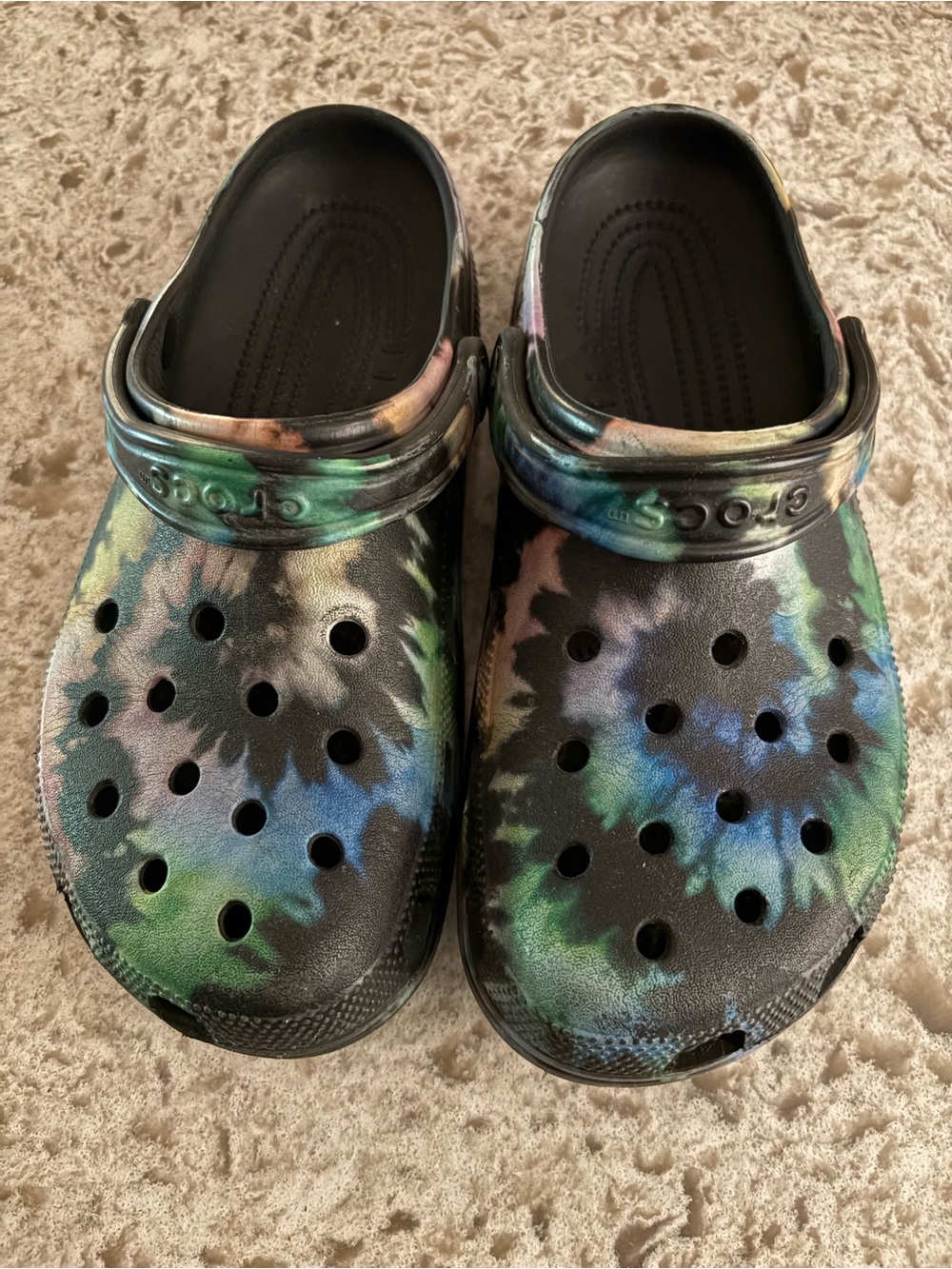 CROCS Tie-Dye Clogs in Black, Green & Blue